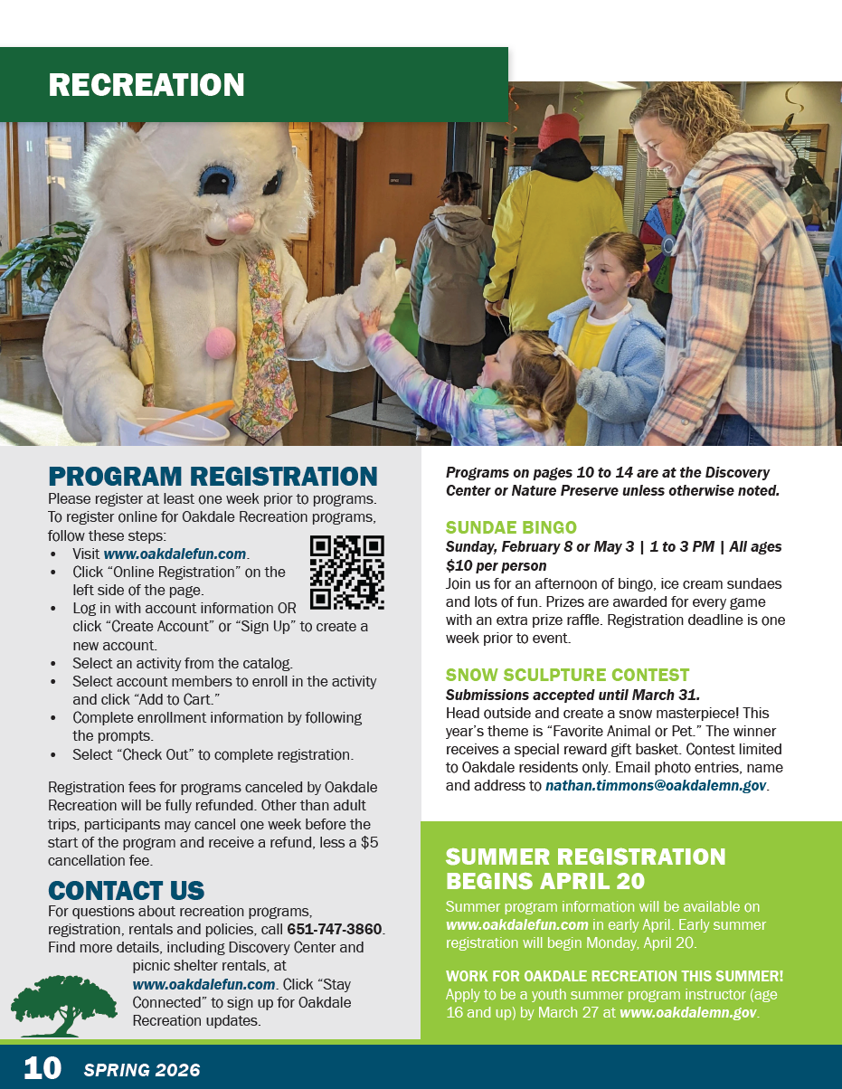 Front page of Oakdale Recreation Guide with Costume Bunny and a family