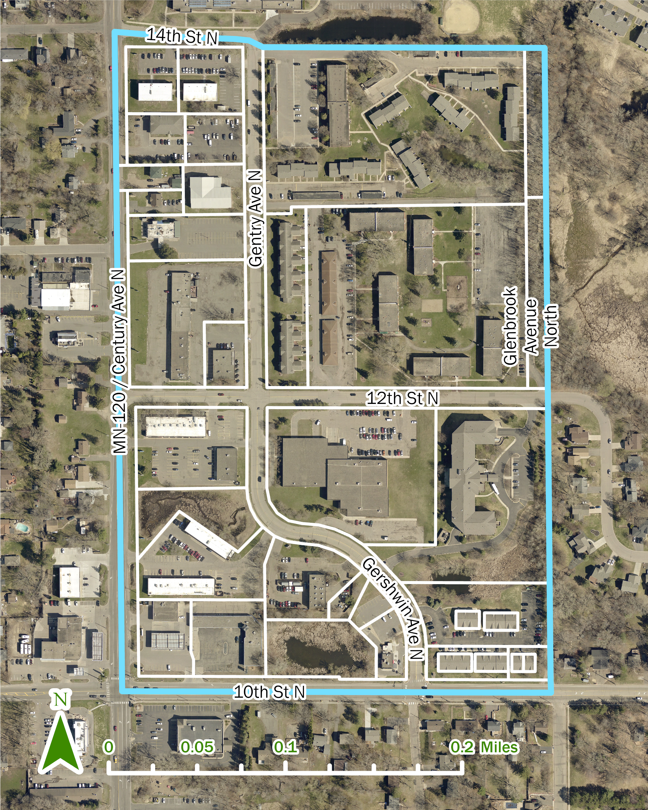 Map of an area with blue and white lines to designate parcels with street names