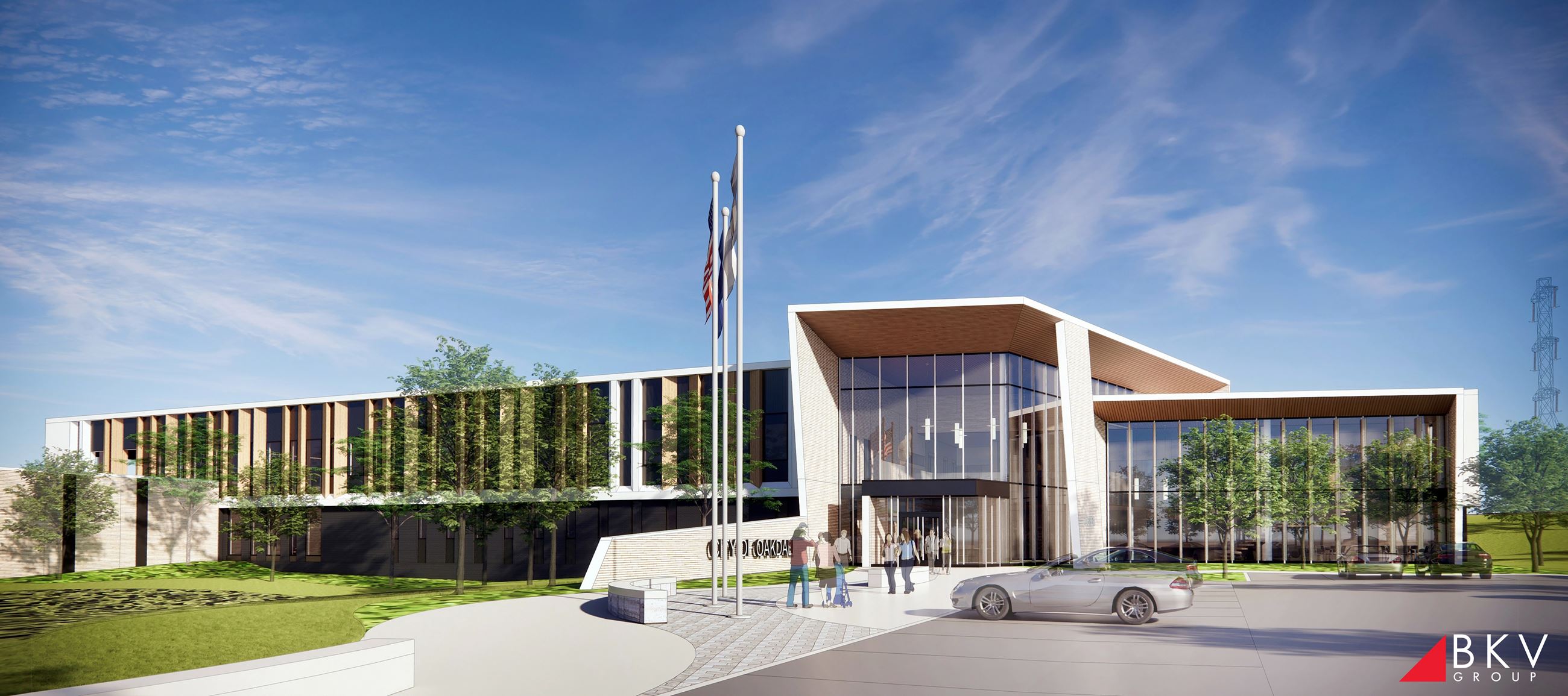 7rendering of a two-story building entry with glass windows with beige brick wall "CITY OF OAKDAL
